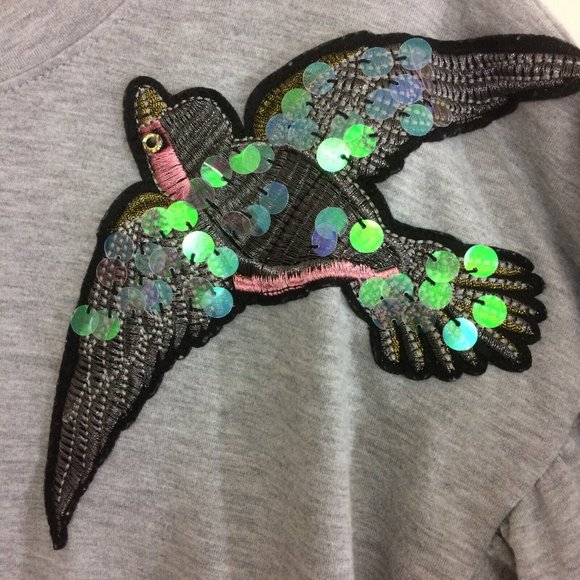 Kiki Women's Shirt Dress Gray Bird Sequin Appliqué Short Balloon Sleeves Medium - Picture 3 of 7